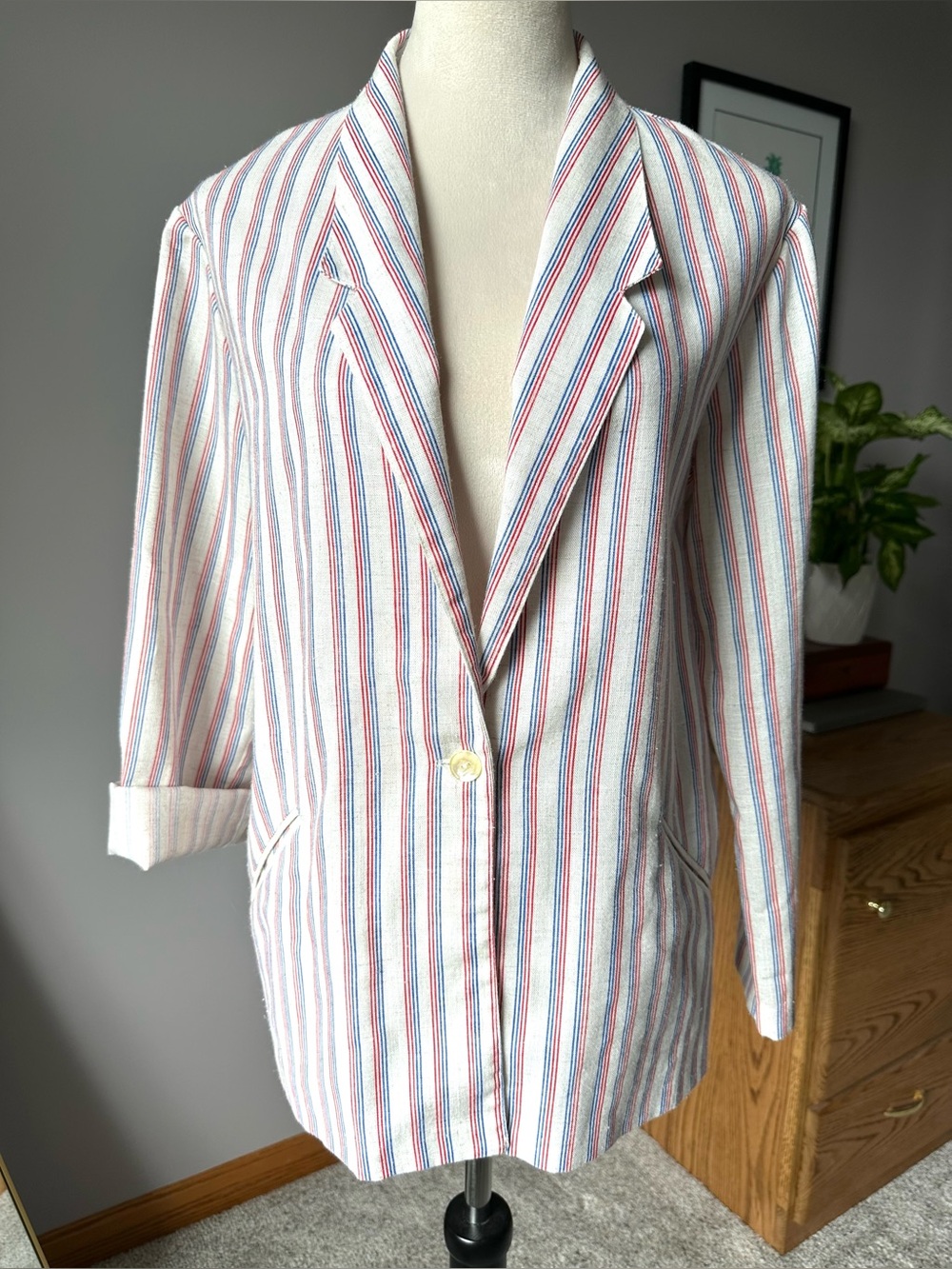 Vintage boxy blazer jacket Contemporary Corner sz large ivory red blue stripes